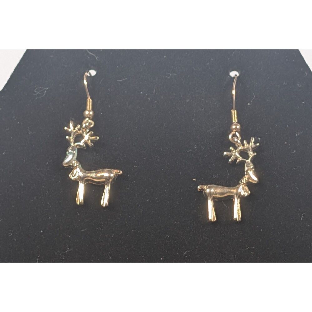 Gold Tone Reindeer Dangle Earrings Christmas Holiday Deer Jewelry Gift Cute